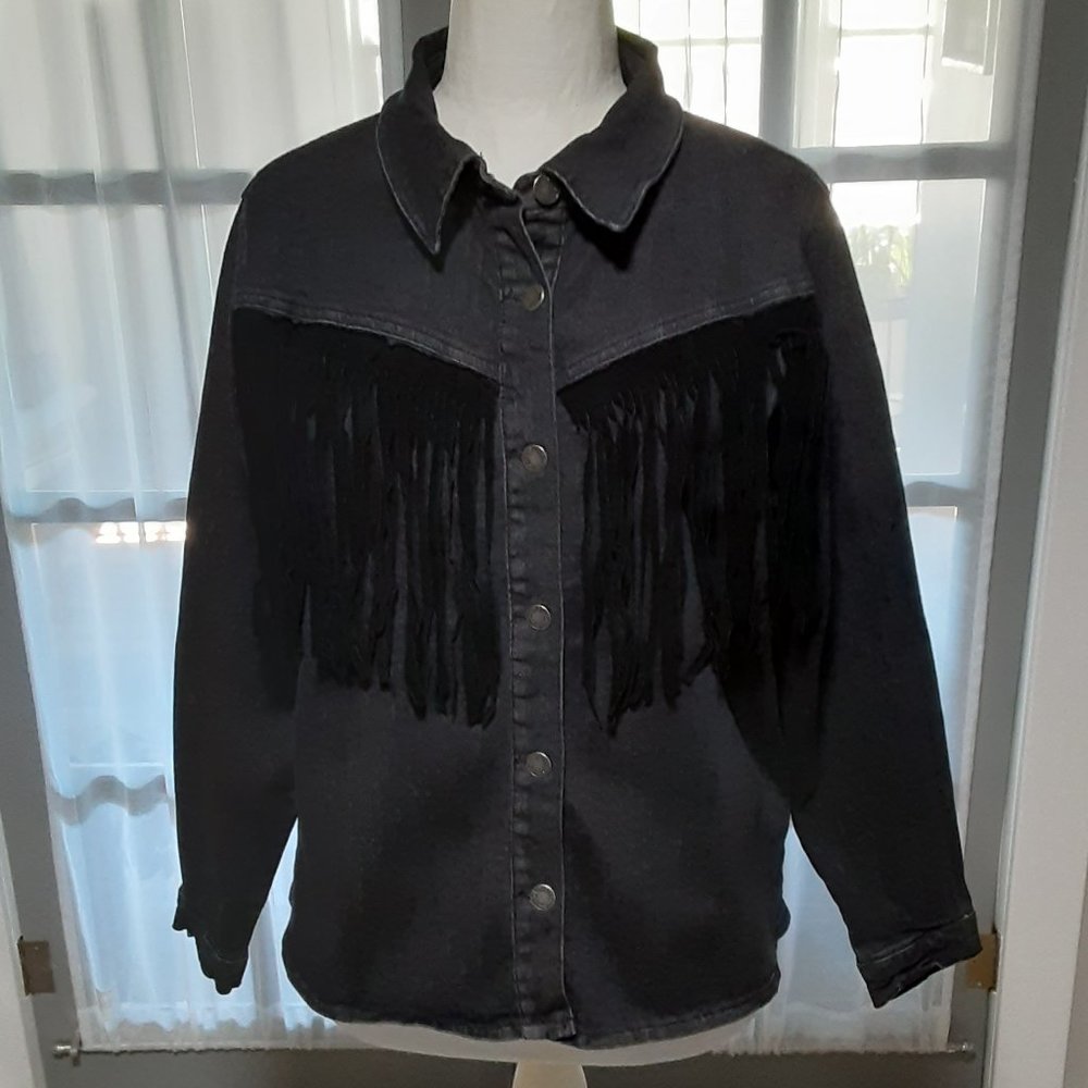 Women's Nasty Gal Collection Washed Black Jean Jacket/Fringe Sz. US 6. NWT. $188